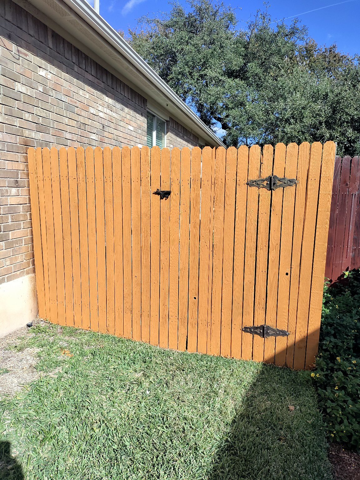 Finished wood fence repair and staining completed by Affordable Handyman Services in the Austin area.